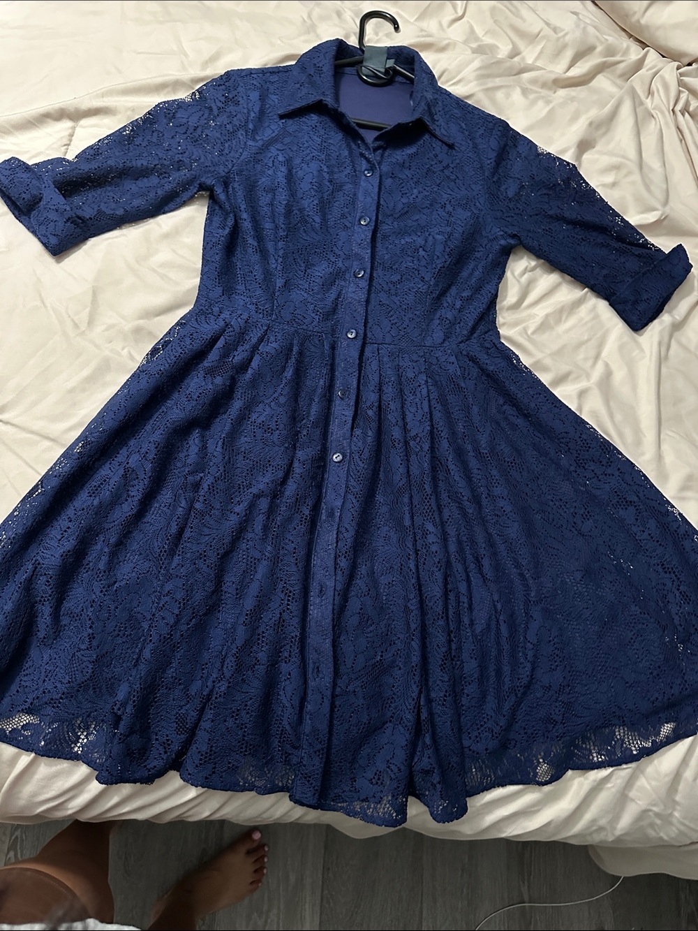 Gabby Skye Navy Blue Lace Midi Shirt Dress